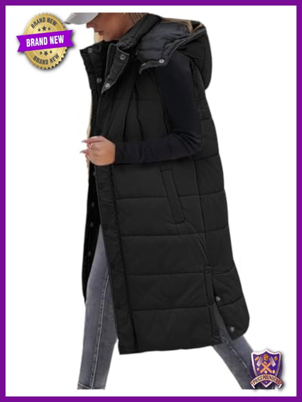 Women's Long Puffer Vest Sleeveless Quilted Full-Zip Hooded Warm Gilet
